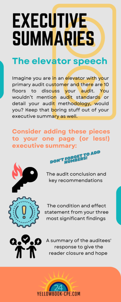 Executive Summaries - elevator speech and list of things to not forget
